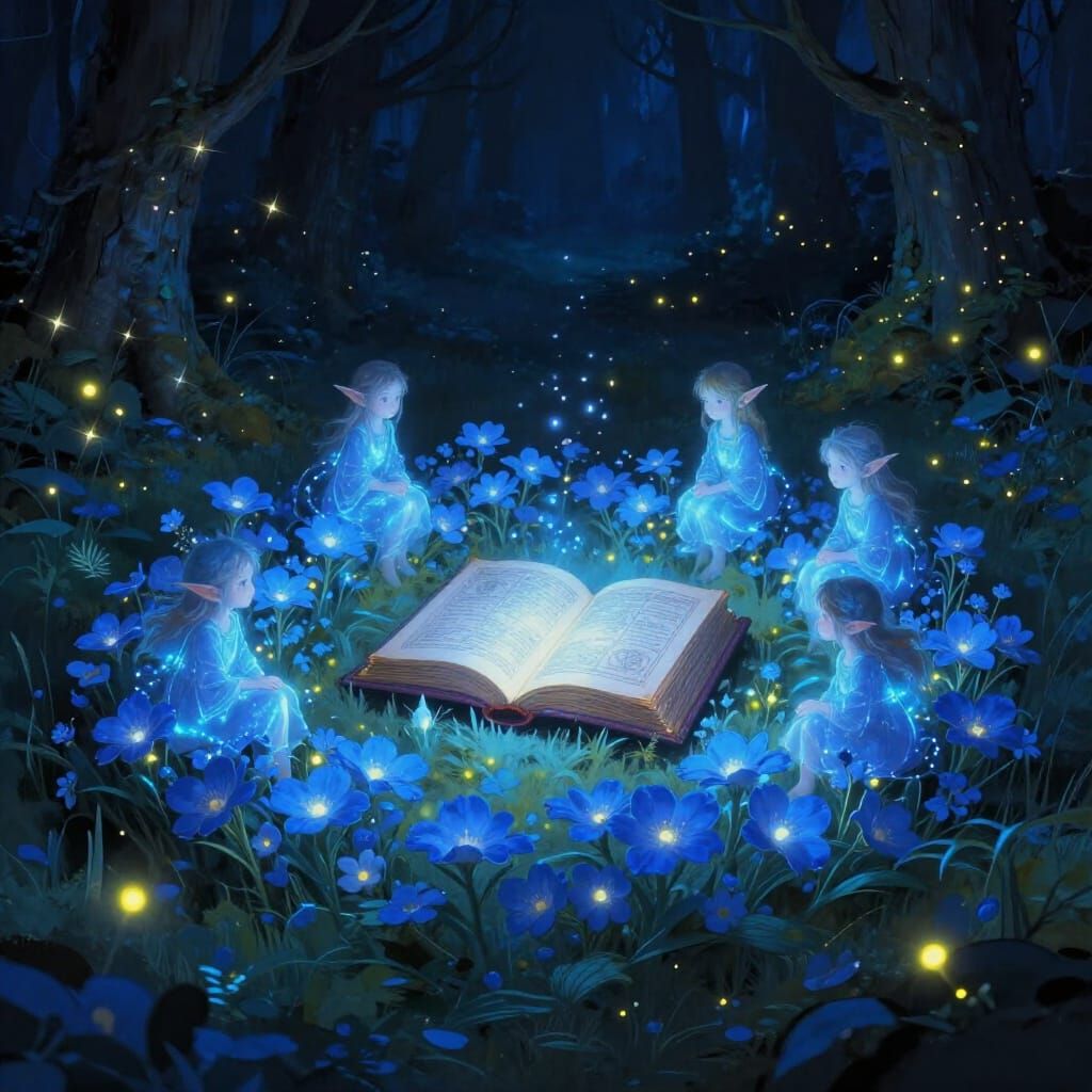 Elves on Glowing Flowers Around Spell Book in Enchanted Fore...