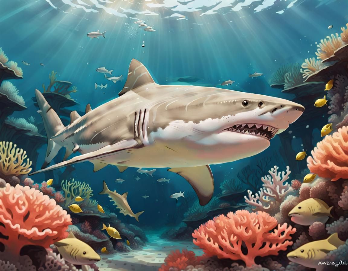 Lemon Shark in Coral Reef: Manga Illustration