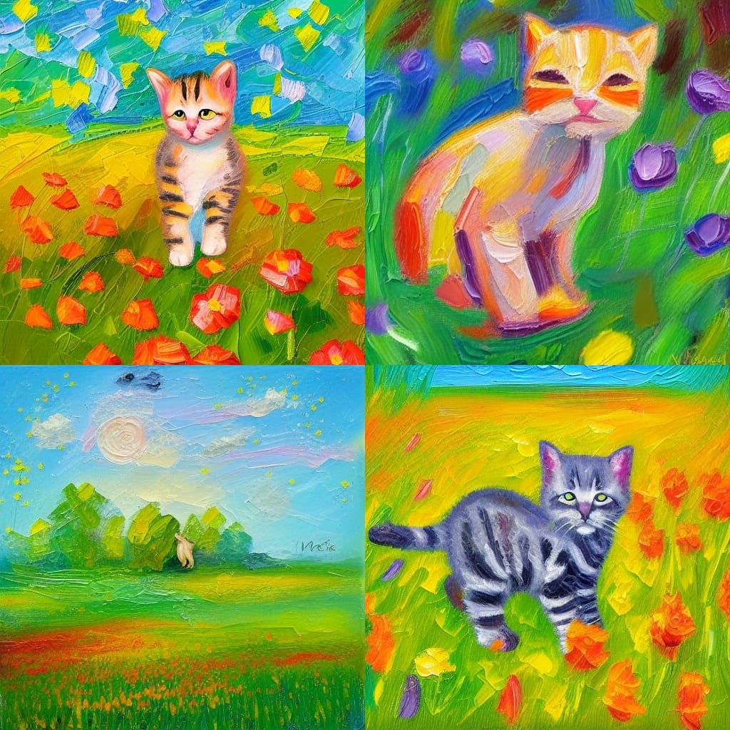 Baby Cat in Flower Meadow, Expressionist Oil Painting