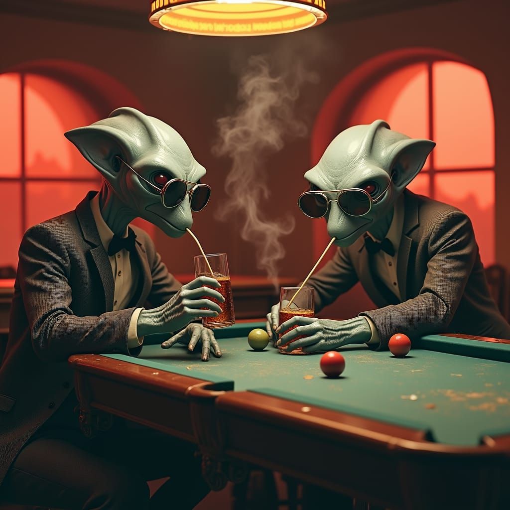 Martian Cafe: Aliens Play Pool in Vintage Futurism