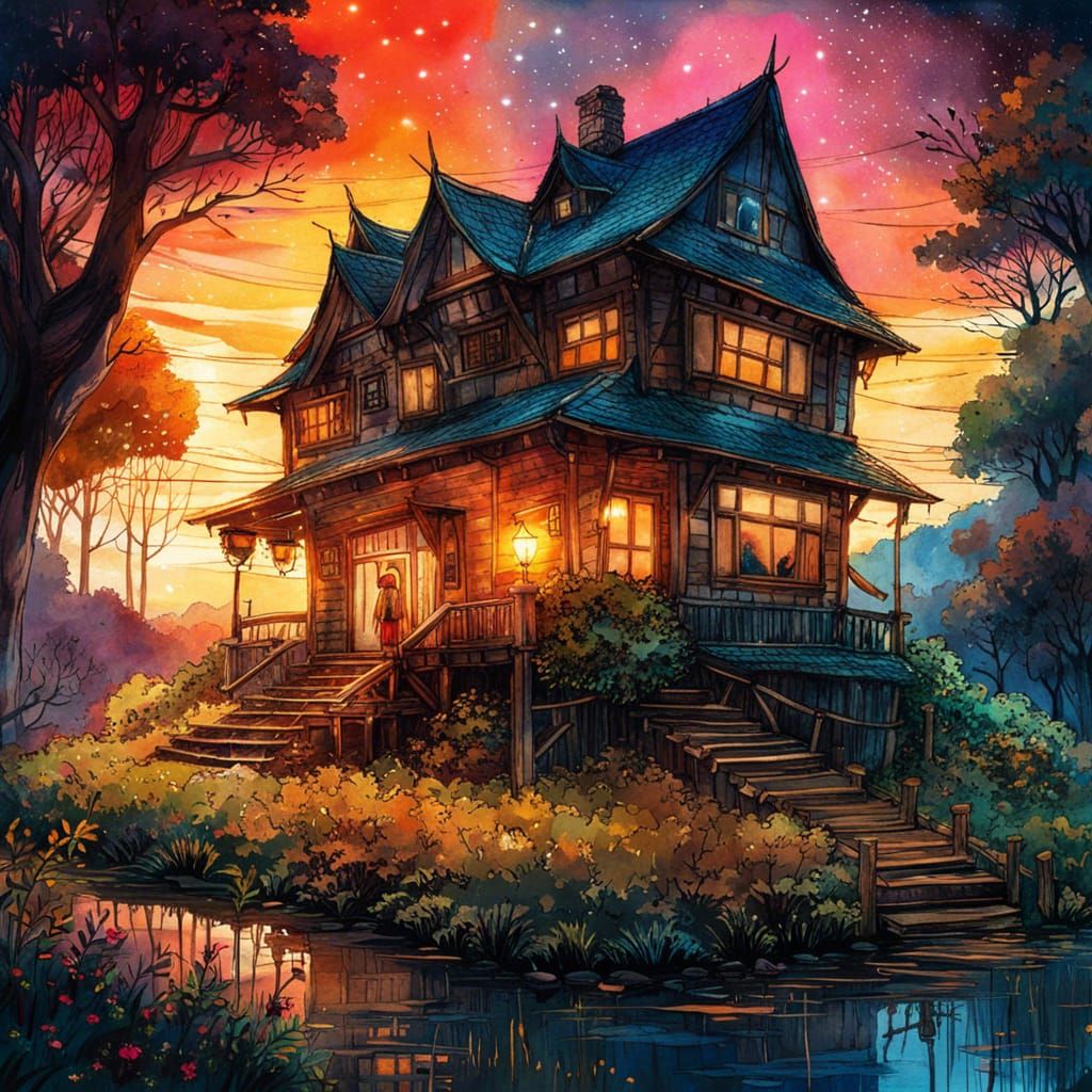 Fairytale House at Sunset in Anime Watercolor Style