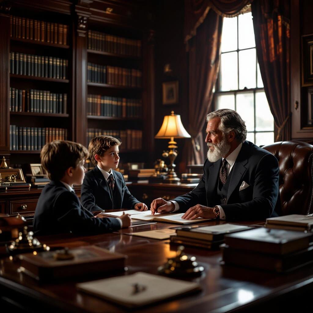 Businessman Advises Boys in Vintage Office