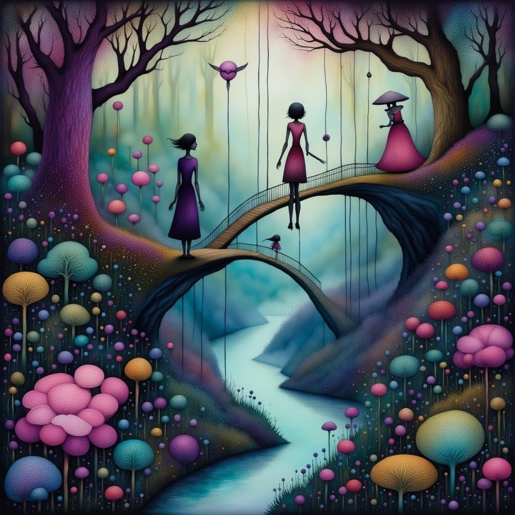 Surreal Fantasy Bridge Suspended Above Iridescent Ravine