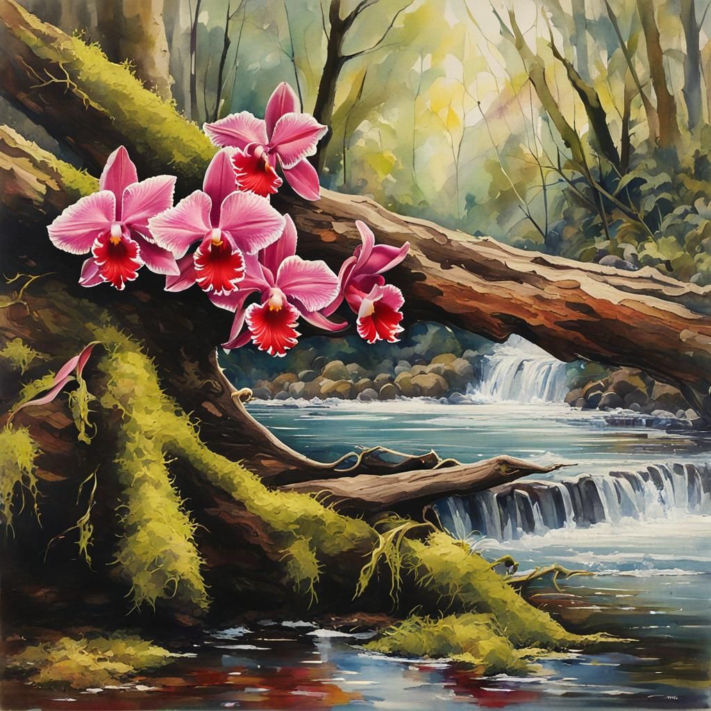 Orchids on Riverbank in Watercolor Alcohol Ink