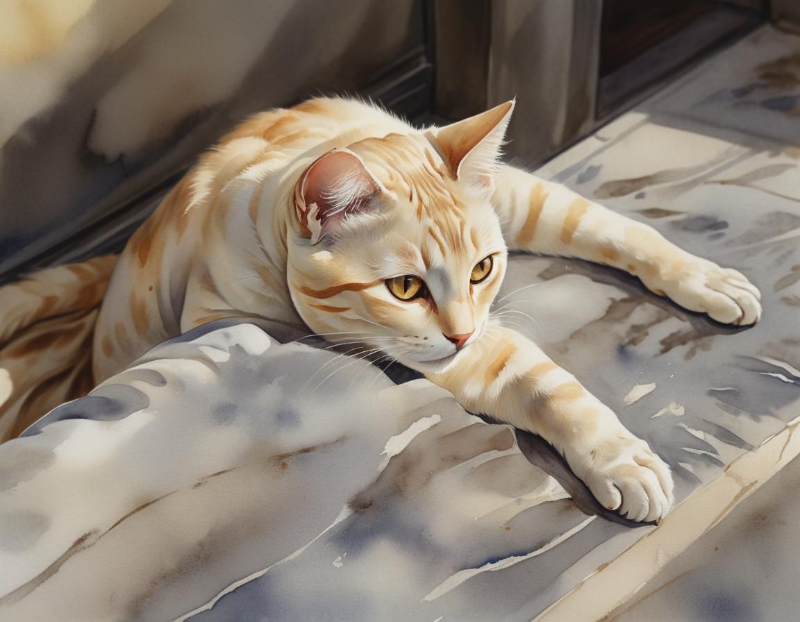 Smiling Cat in Dreamy Art Nouveau Watercolor