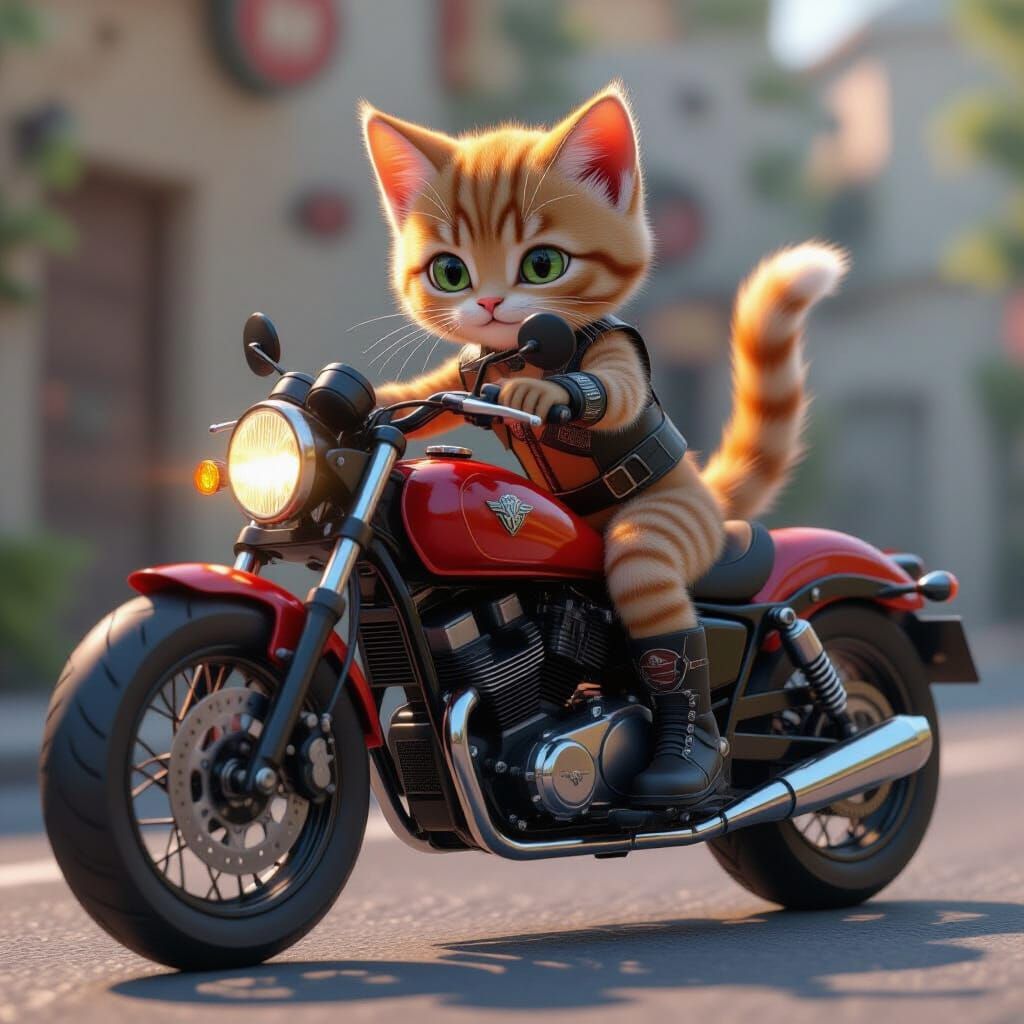 Biker Kitten on Motorcycle: 3D Anime Art