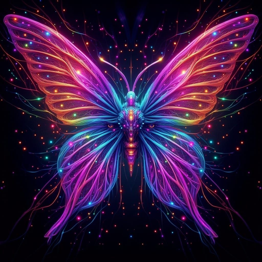 Iridescent Butterfly Radiates Neon Glow in Dreamlike Image