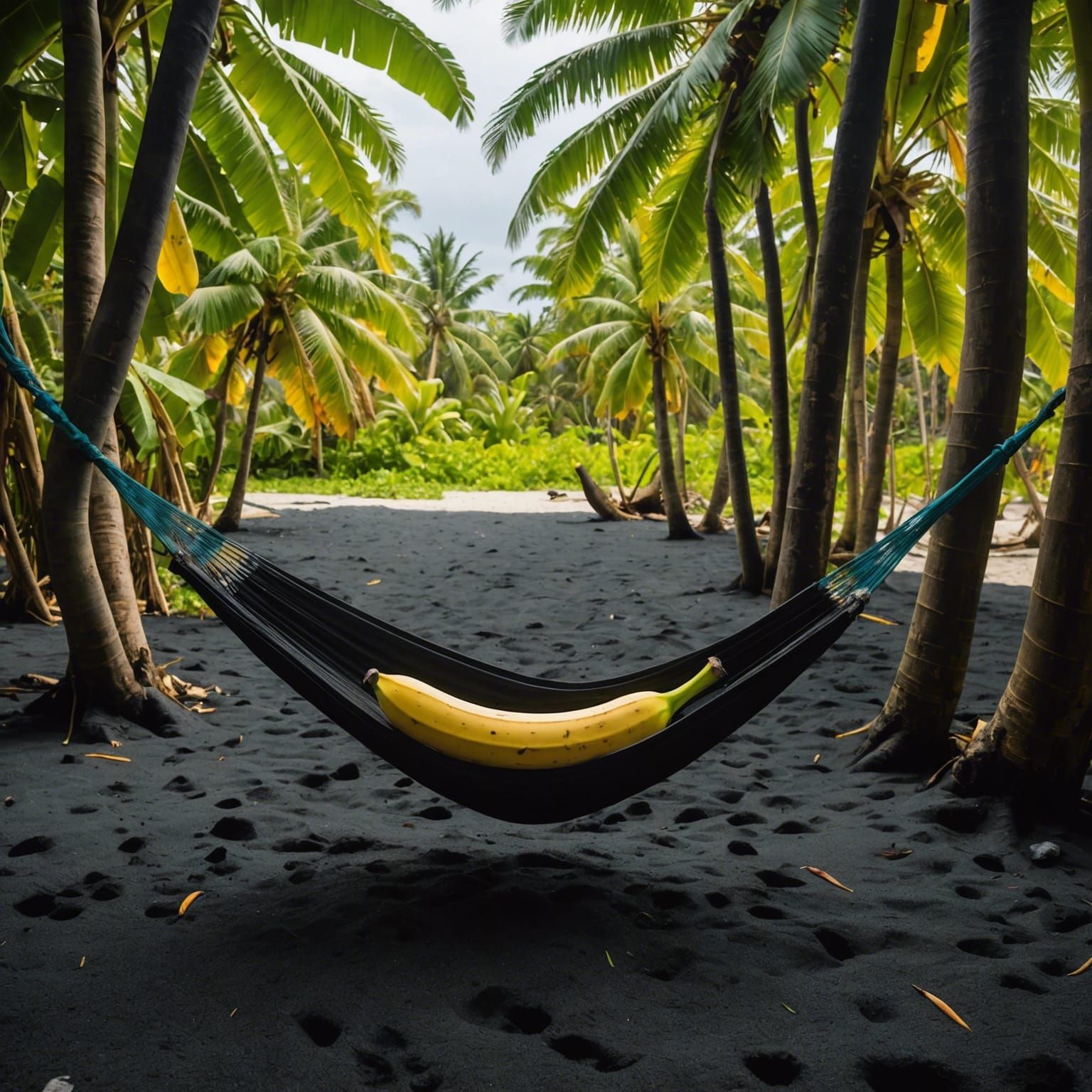 A human sized banana lying in a hammock