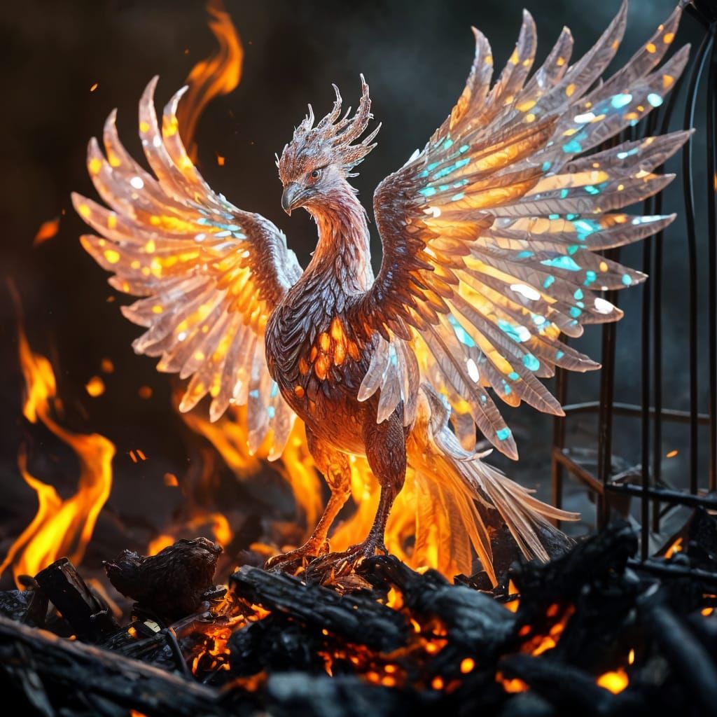 Surreal Crystal Phoenix Rises from Ashes in Fantasy Art