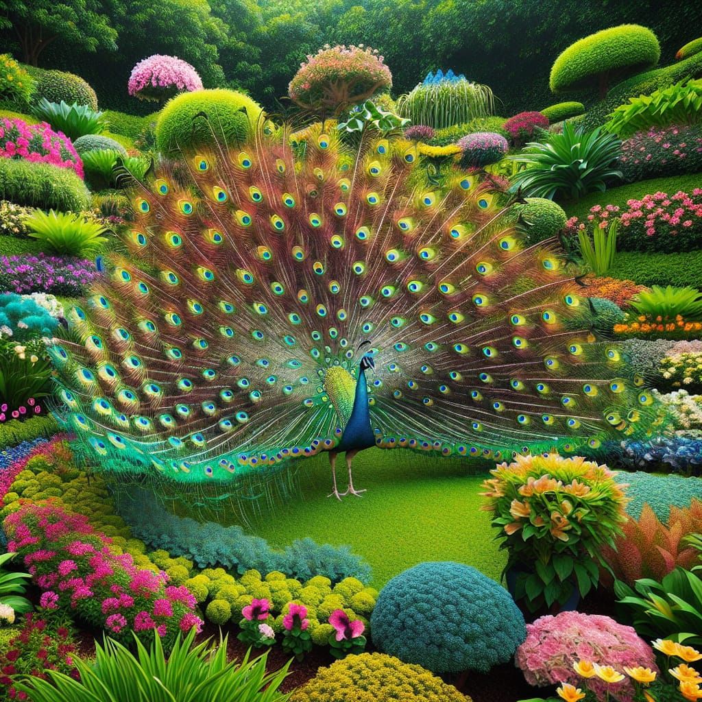 Exotic Peacock Unfurls in Vibrant Garden