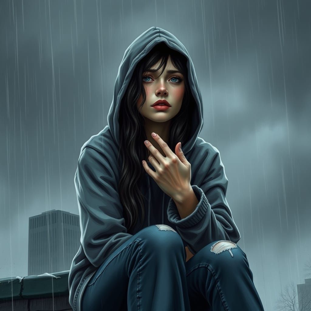 Sad Woman in Hoodie Sitting in the Rain