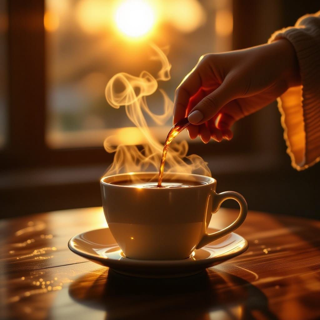 Divine Creation: God Animates Coffee at Sunrise in Photoreal...