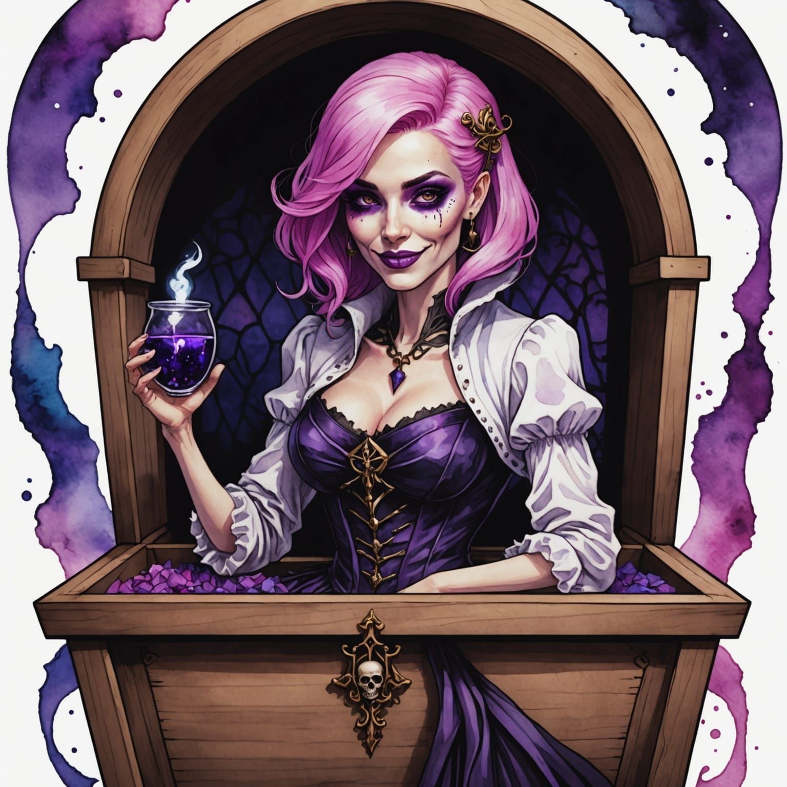 Pink-Haired Reaper Relaxing in Coffin, Alcohol Ink Style