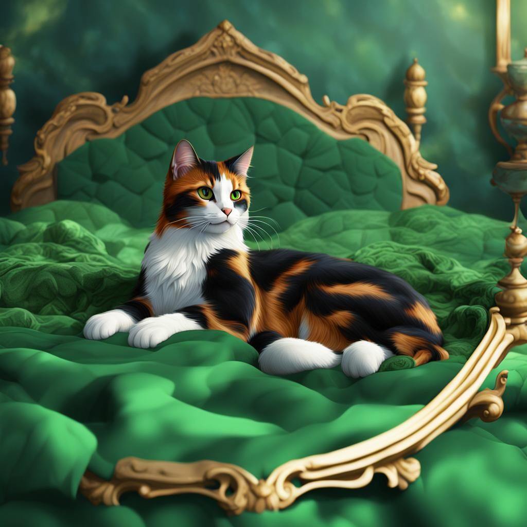 Calico Cat on Green Blanket: Detailed Matte Painting