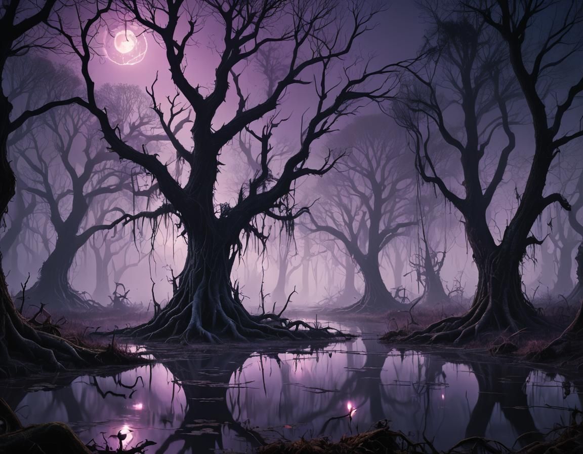Eerie Swamp at Night in Dark Fantasy Art