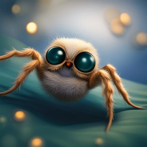 Fluffy Smiling Spider with Owl Eyes, Storybook Illustration