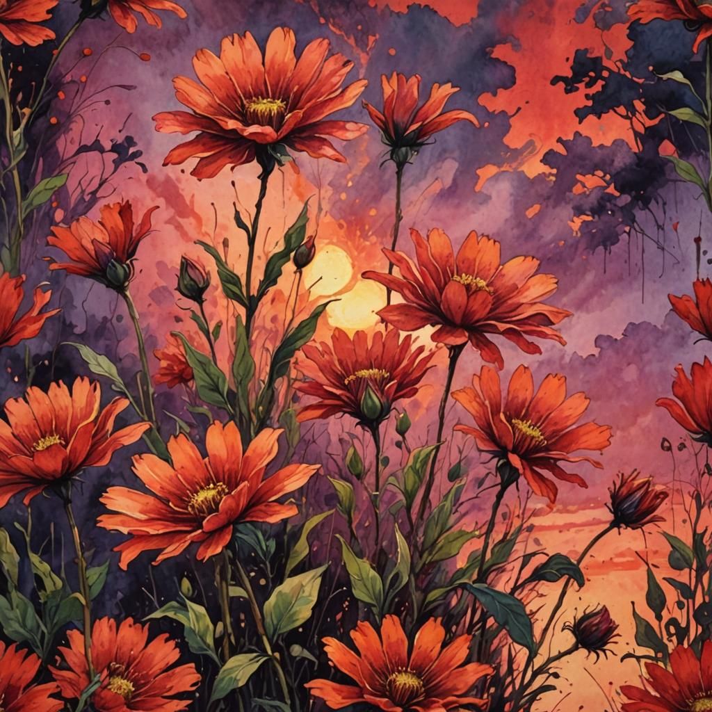 Flower at Sunset in Gouache Watercolor Style