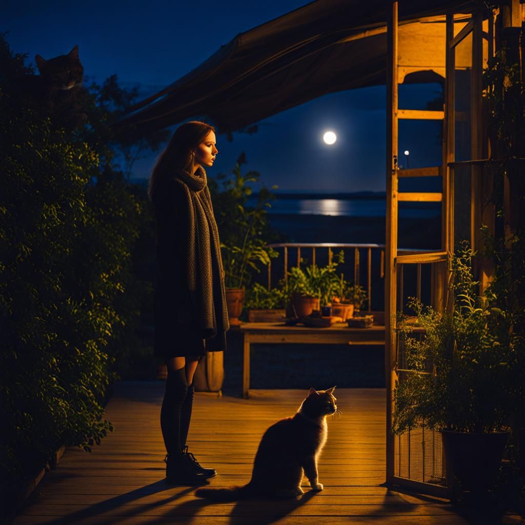 Tatiana at Night with Cat