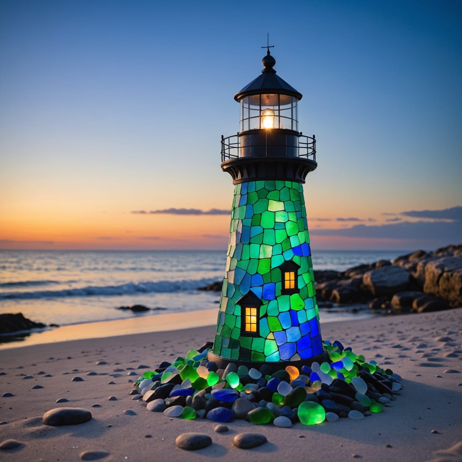 Glowing Sea Glass Lighthouse in Emerald and Cobalt Hues