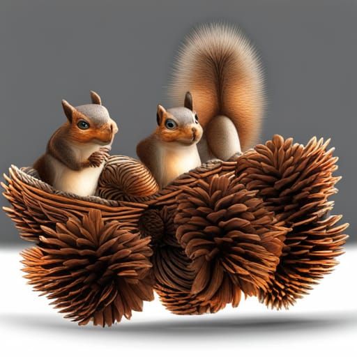 Smiling Squirrel Invasion in a Basket of Pinecones