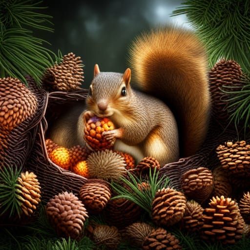 Glowing-Eyed Squirrels in Pine Cones, Hyperrealistic HDR