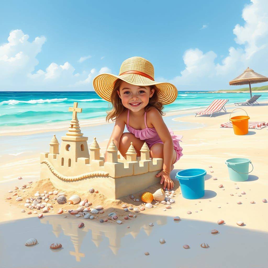 Serene Beach Scene with Whimsical Sand Castle