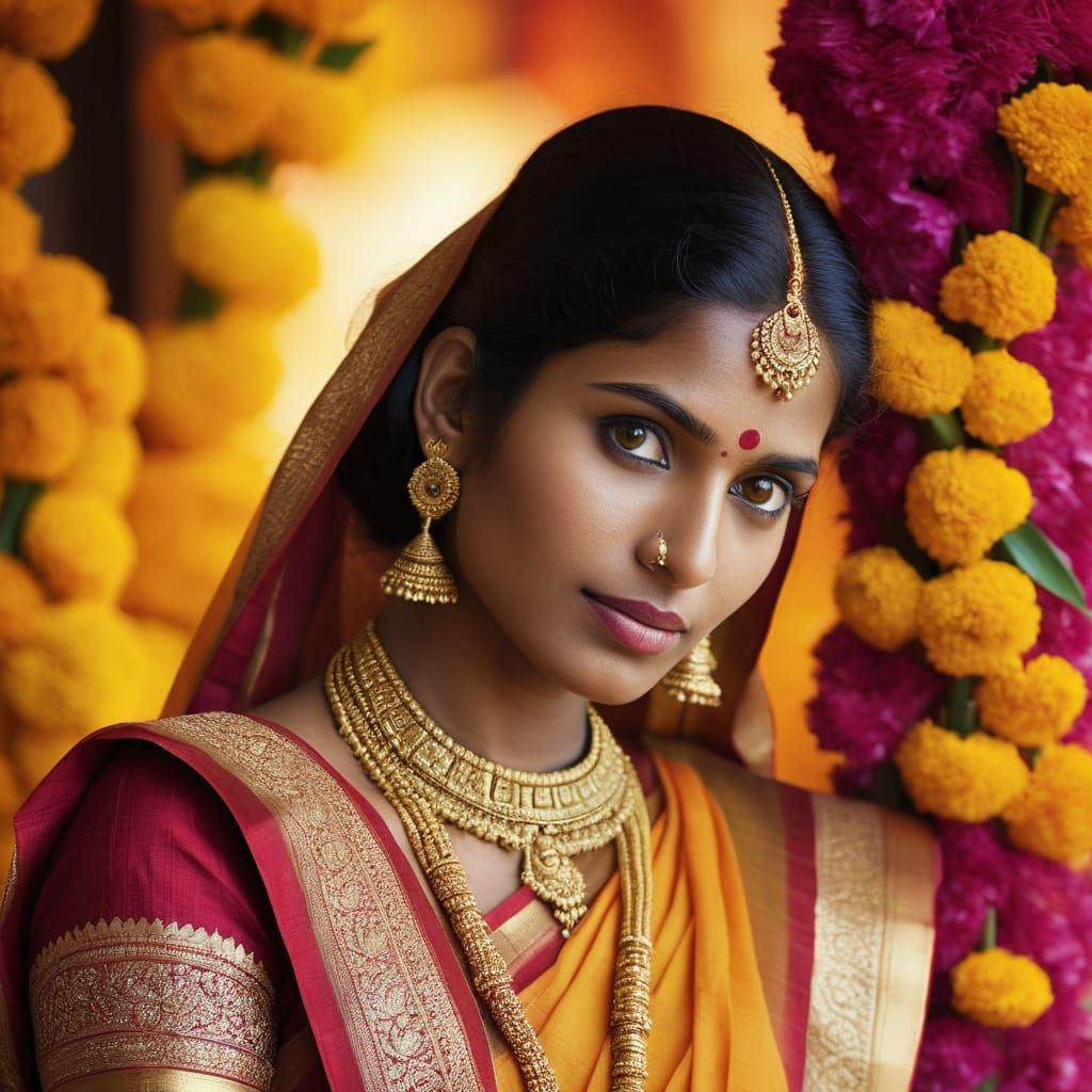 Tamil Bride Girl in Vibrant Saree with Soft Diya Light