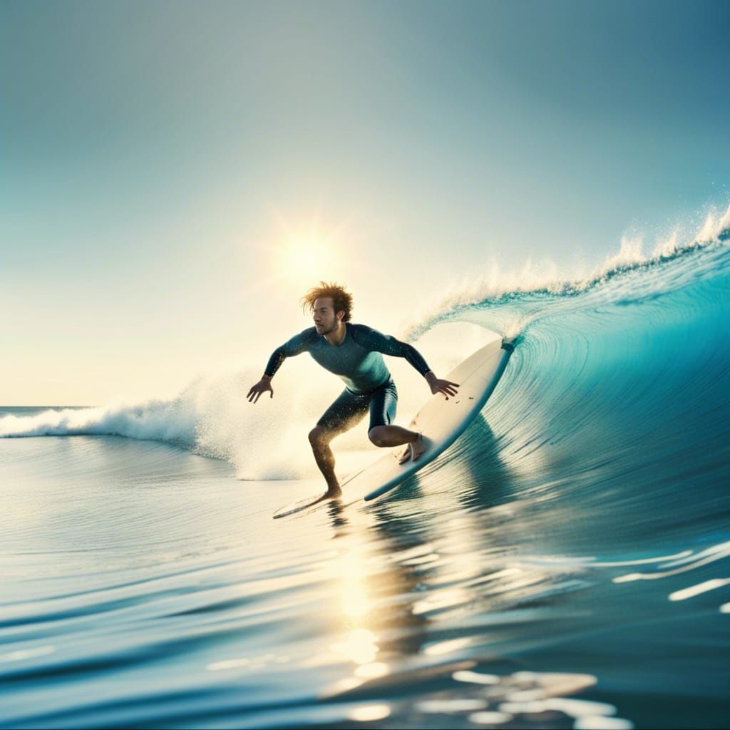 young man or surfboard riding a wave in blue ocean with bright sun light in background