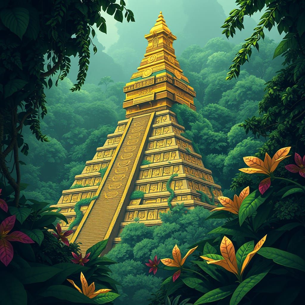 Golden Aztec Pyramid in Emerald Jungle, Anime Style