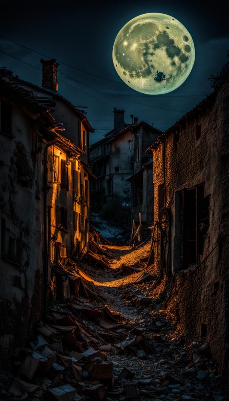 Colorful Ghosts Wander Abandoned Village at Night