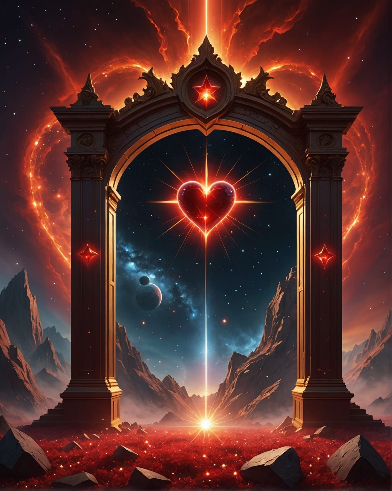 An open portal to heaven like one red heart shaped star myst...