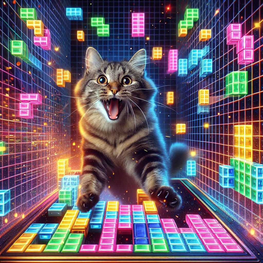 Tabby Cat Leaping in Cyberpunk Tetris Game