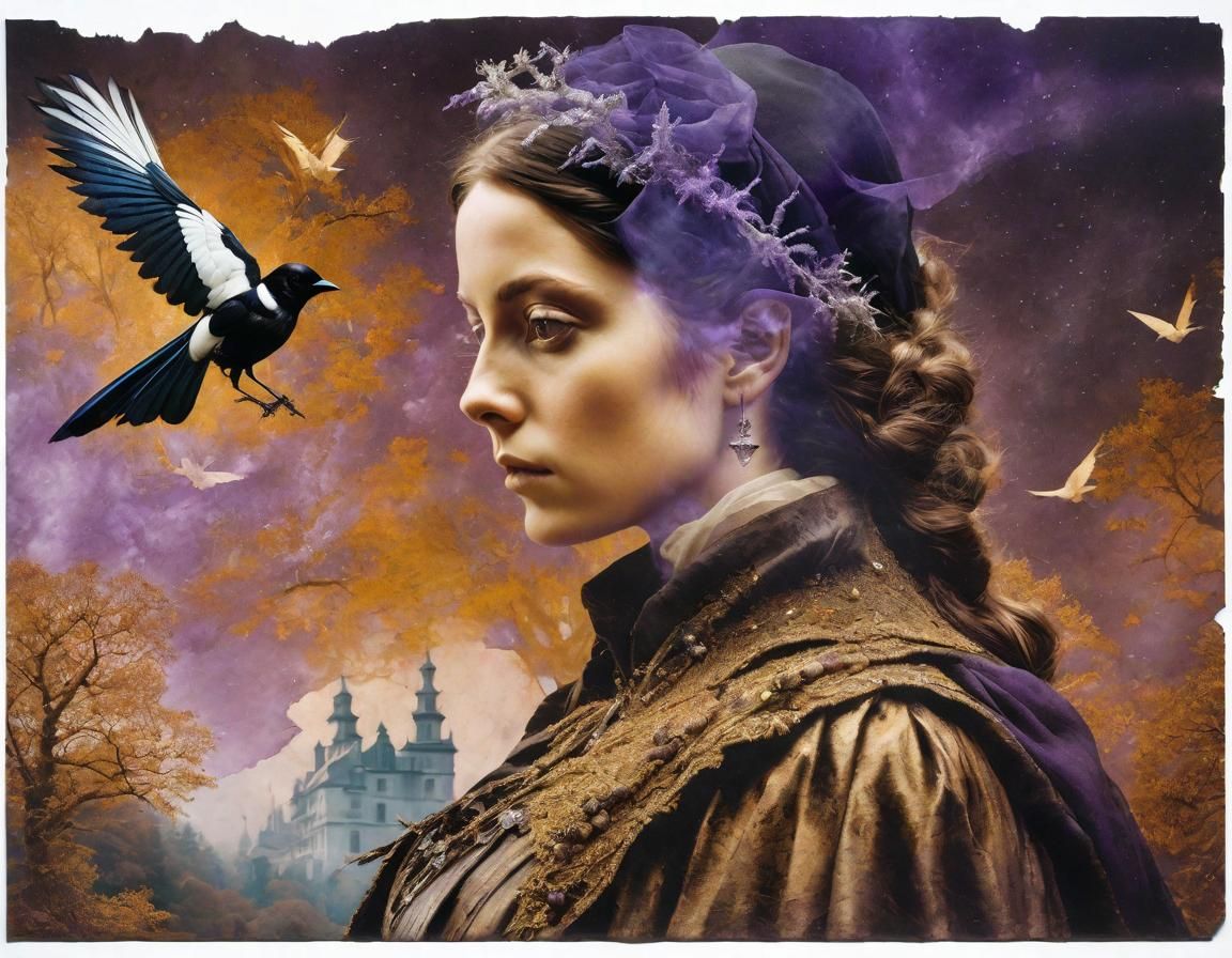 Magpie and Witch Double Exposure in Caravaggio Style