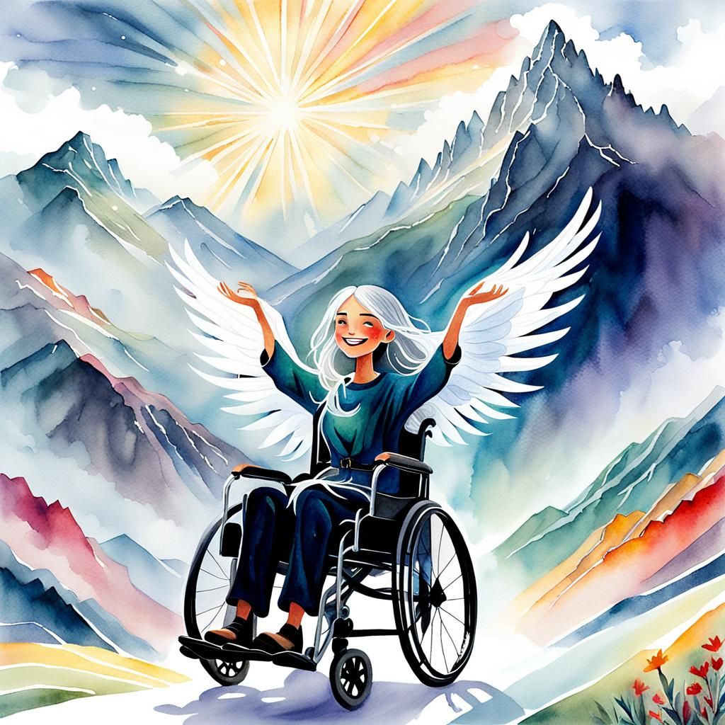 Girl in Wheelchair with Wings, Naive Art Illustration