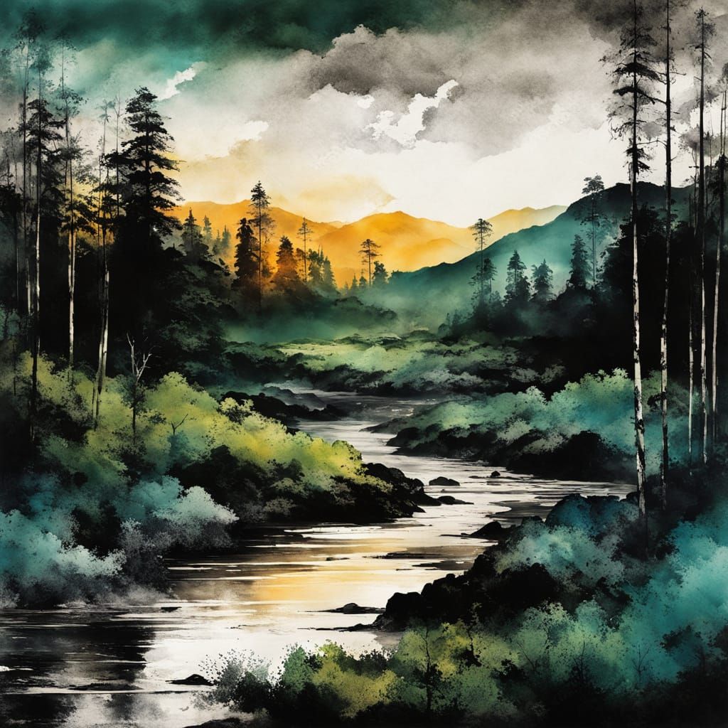 Vintage Forest Landscape in Ink Painting Style