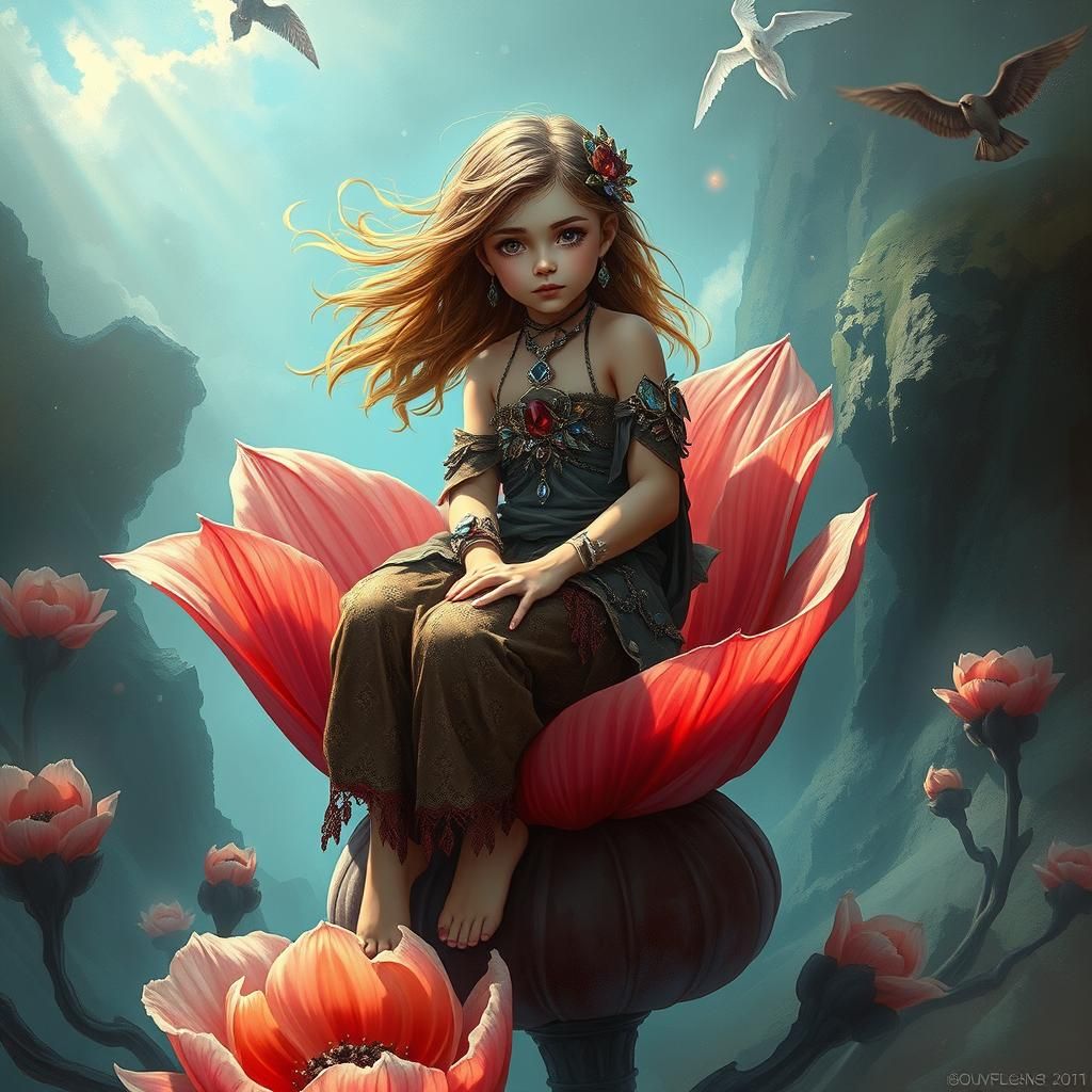 Girl on Blooming Flower in Dreamlike Matte Painting