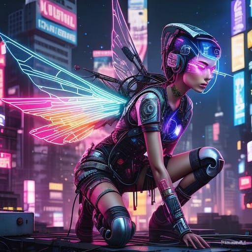 Cyberpunk Fairy Flits Through Dystopian Cityscape in Neon-Li...