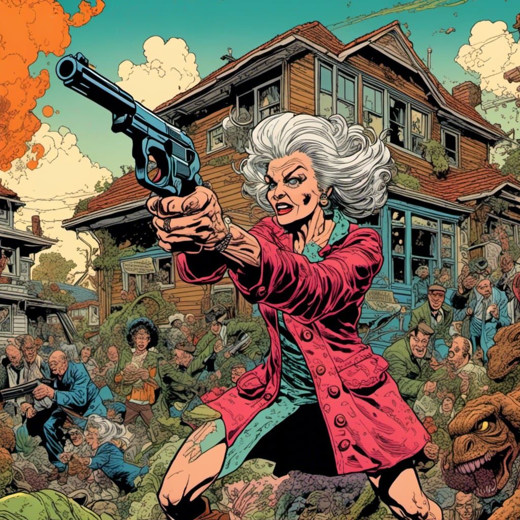 Psychedelic Gun-Wielding Granny in Retro Comic Style