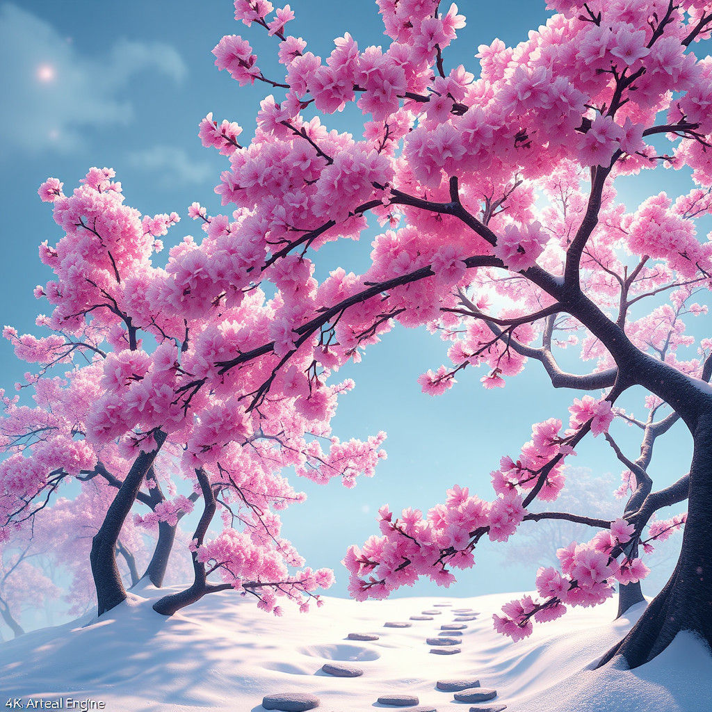 Cherry Blossoms Bloom in a Snowy Landscape