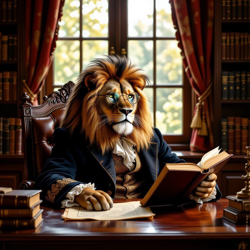 Regal Lion Scholar in Study, Classic Oil Painting