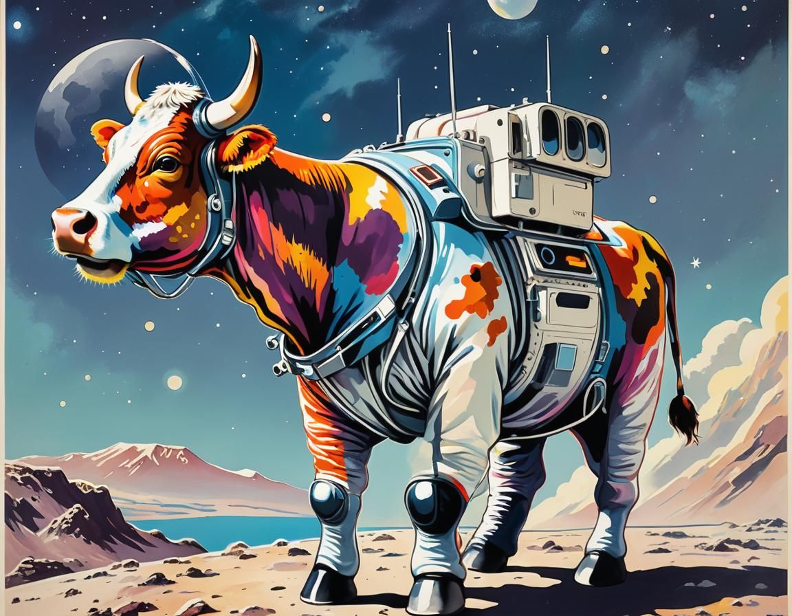 Cow Astronaut on the Moon: Colorful Travel Poster