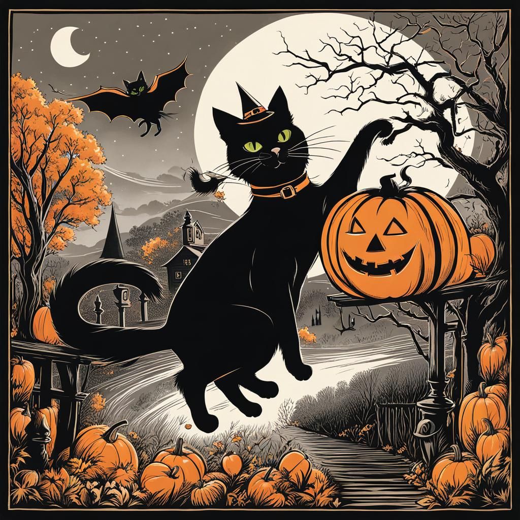Black Cat on Halloween Night with Witch