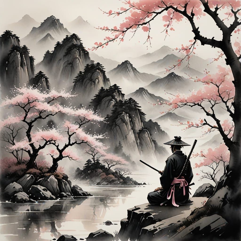 Samurai Meditating Under Cherry Blossom Tree in Japanese Ink...