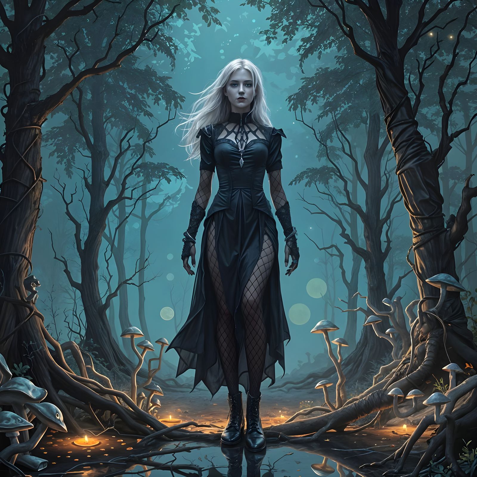 Mystical Witch in Bioluminescent Night