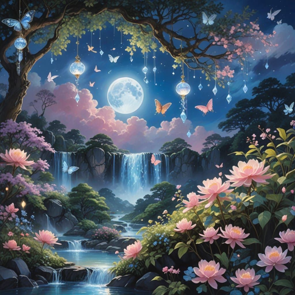 Ethereal Japanese Garden Home with Waterfall in Anime Style