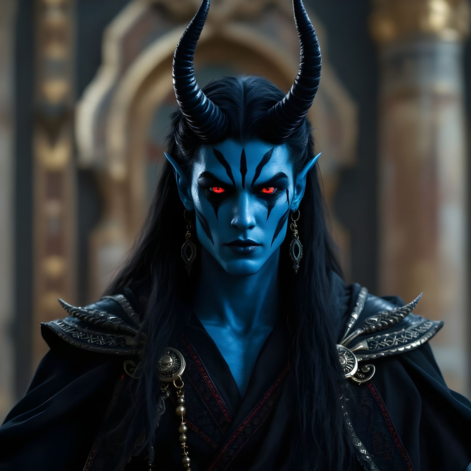 Blue-Skinned Humanoid with Horns in Ornate Robes