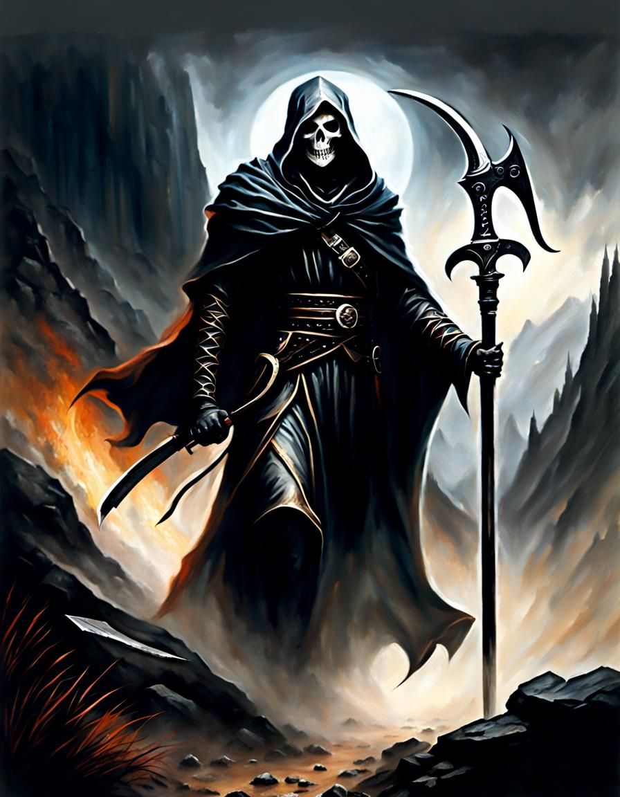 The Grim Reaper in Misty Mountains, Luis Royo Style