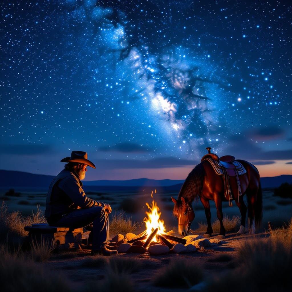 Cowboy by Campfire Under Starry Night Sky