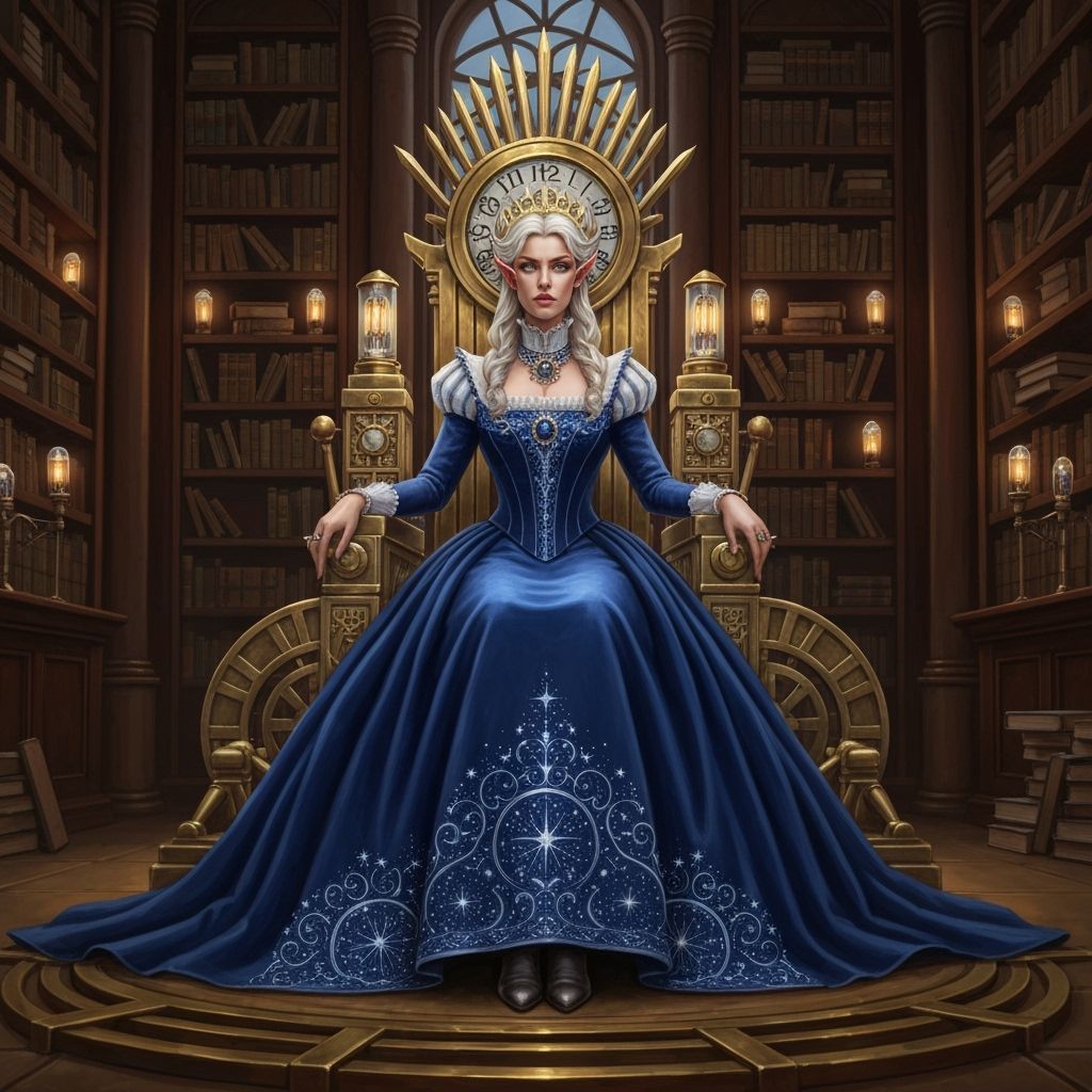 Elven Queen on Clockwork Throne in Victorian Steampunk Style