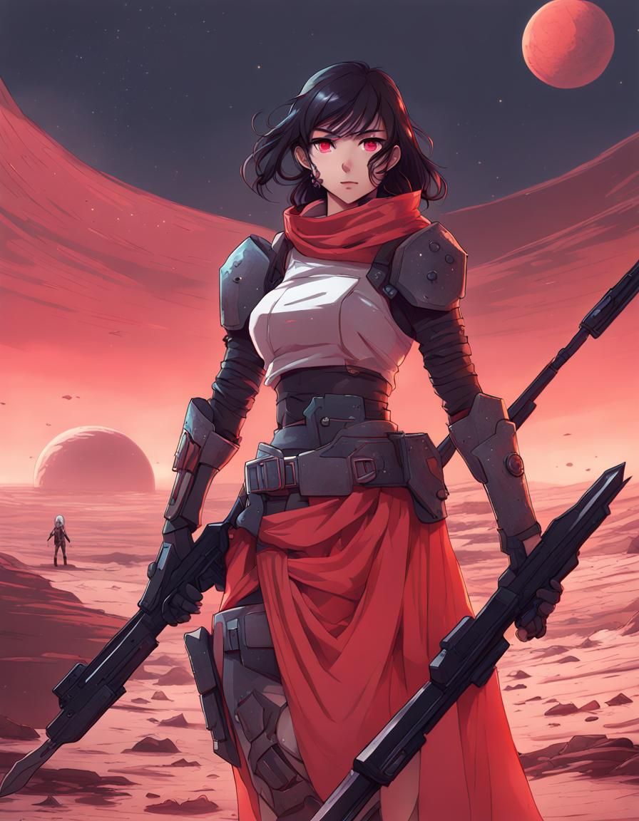 Neon Huntress on Desolate Planet in Anime Style